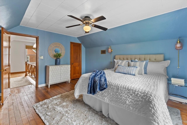 10836 W Fiebrantz Ave, Wauwatosa, WI 53222 - bedroom with hardwood / wood-style floors, lofted ceiling, and ceiling fan