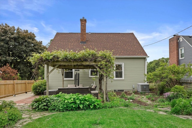 10836 W Fiebrantz Ave, Wauwatosa, WI 53222 - rear view of house featuring outdoor lounge area, a pergola, a chimney, a patio area, and roof with shingles