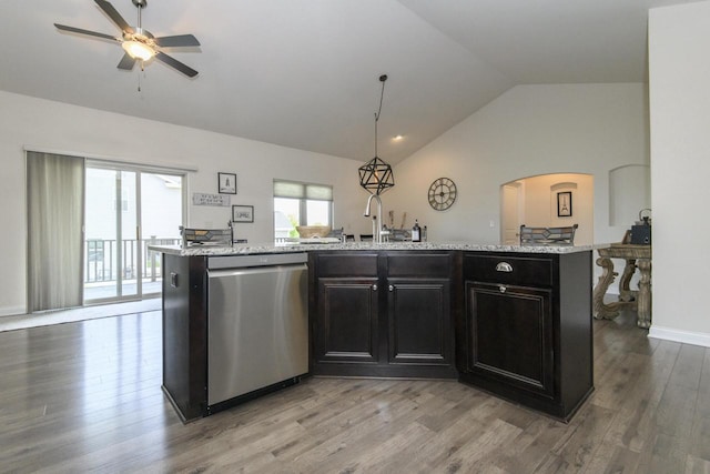 12907 78th Pl, Bristol, WI 53104 - kitchen featuring dishwasher, vaulted ceiling, arched walkways, light wood-type flooring, and ceiling fan