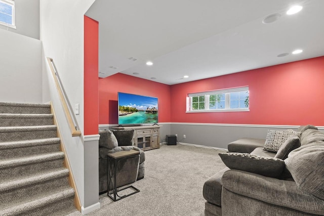 9414 Harvest Moon Ln, Verona, WI 53593 - living area with carpet flooring, stairs, and recessed lighting