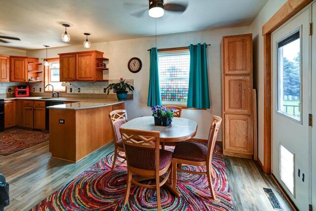 830 Violet Ln, Oregon, WI 53575 - kitchen featuring open shelves, a peninsula, ceiling fan, and plenty of natural light