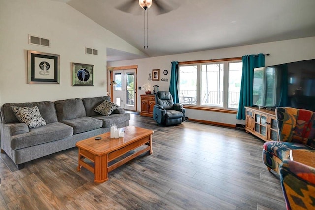 830 Violet Ln, Oregon, WI 53575 - living area featuring lofted ceiling, ceiling fan, and wood finished floors