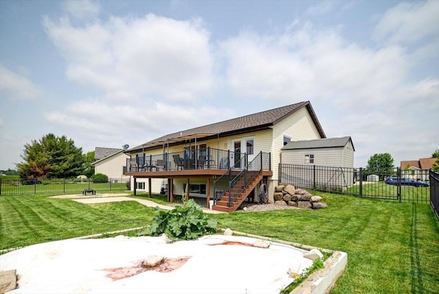 830 Violet Ln, Oregon, WI 53575 - rear view of house with a deck, stairs, a fenced backyard, and a patio