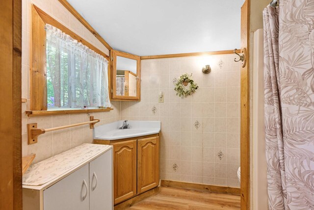 9034 N County Road F, Edgerton, WI 53534 - full bath featuring tile walls, vanity, wood finished floors, and a shower with curtain