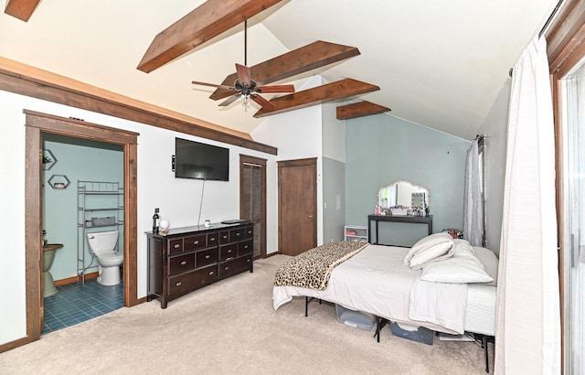 2517 Ashland Ave, Racine, WI 53403 - bedroom featuring beamed ceiling, carpet flooring, connected bathroom, high vaulted ceiling, and a ceiling fan