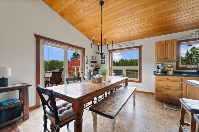 7684 E Moose Lake Rd, Solon Springs, WI 54873 - dining room featuring wood ceiling, lofted ceiling, plenty of natural light, a chandelier, and light stone finish flooring