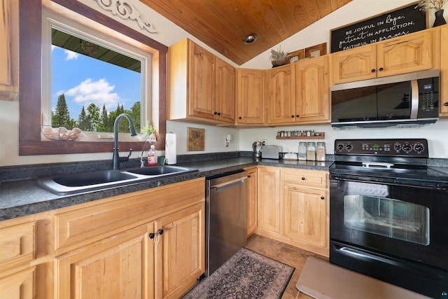 7684 E Moose Lake Rd, Solon Springs, WI 54873 - kitchen with appliances with stainless steel finishes, vaulted ceiling, dark countertops, and wood ceiling