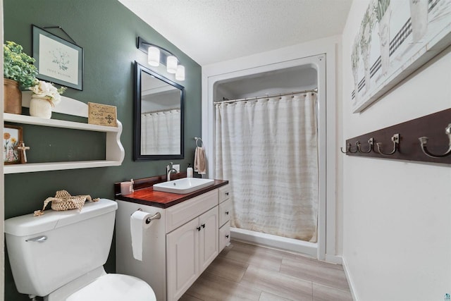 7684 E Moose Lake Rd, Solon Springs, WI 54873 - bathroom featuring vanity, a shower with shower curtain, and a textured ceiling