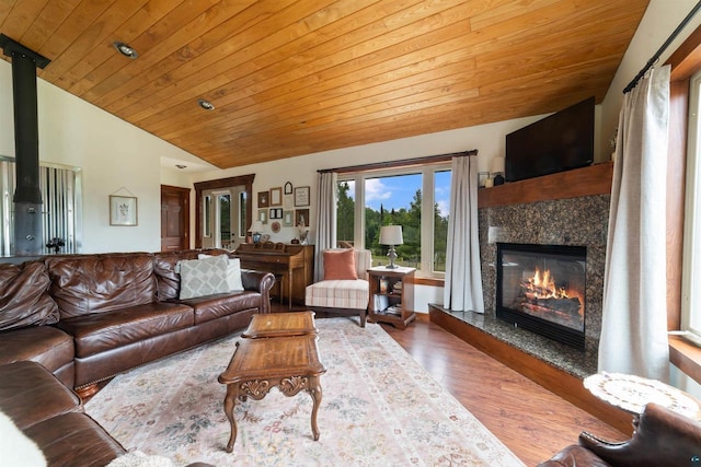 7684 E Moose Lake Rd, Solon Springs, WI 54873 - living area featuring lofted ceiling, wood finished floors, wood ceiling, and a fireplace