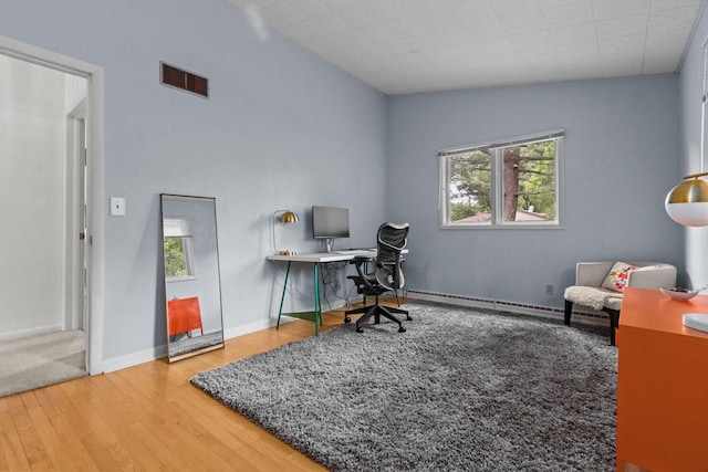 24 Hazelwood Dr, Stevens Point, WI 54481 - office with wood finished floors, vaulted ceiling, and a baseboard radiator