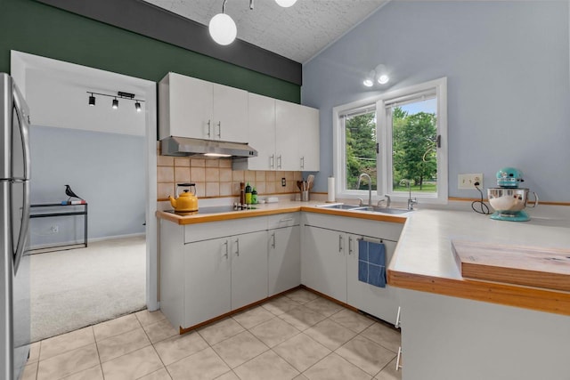 24 Hazelwood Dr, Stevens Point, WI 54481 - kitchen with under cabinet range hood, freestanding refrigerator, light countertops, and white cabinets