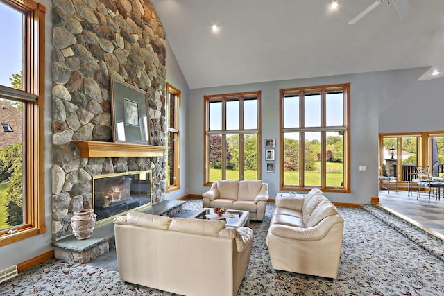 1434 43rd Ave, Kenosha, WI 53144 - living area featuring a fireplace, high vaulted ceiling, and recessed lighting