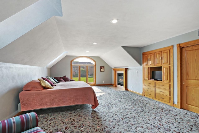 1434 43rd Ave, Kenosha, WI 53144 - bedroom featuring carpet flooring, vaulted ceiling, access to exterior, and recessed lighting
