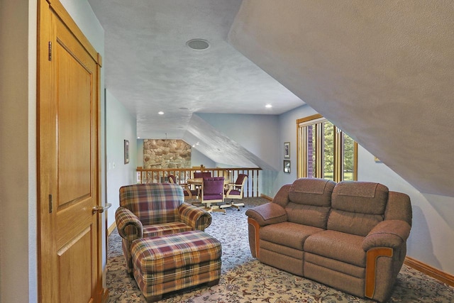 1434 43rd Ave, Kenosha, WI 53144 - living room featuring a textured ceiling, carpet flooring, recessed lighting, and vaulted ceiling