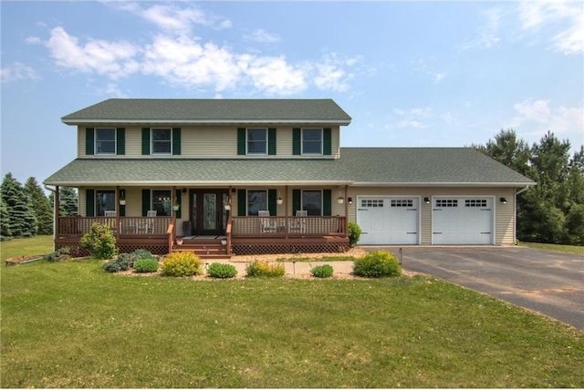 2207 127th St, New Richmond, WI 54017 - view of front of house featuring a garage, asphalt driveway, a porch, and a front yard