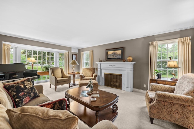 544 Maple Bluff Rd, Stevens Point, WI 54482 - living area featuring light colored carpet, ornamental molding, healthy amount of natural light, and a fireplace with flush hearth