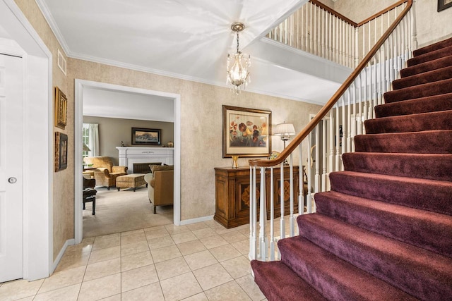 544 Maple Bluff Rd, Stevens Point, WI 54482 - stairway featuring carpet, a fireplace, crown molding, and tile patterned floors