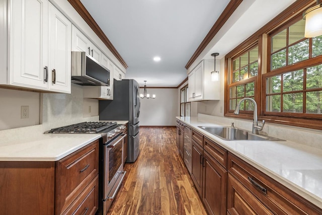 535 Maple Bluff Rd, Stevens Point, WI 54482 - kitchen with appliances with stainless steel finishes, exhaust hood, dark wood finished floors, white cabinets, and crown molding