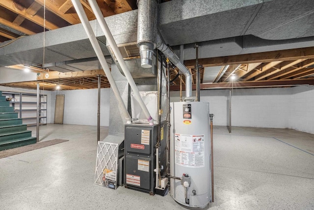 535 Maple Bluff Rd, Stevens Point, WI 54482 - unfinished basement featuring water heater, stairway, and heating unit