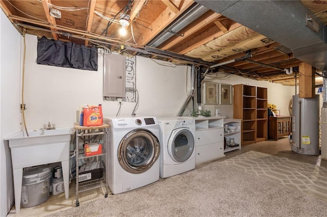 1516 Mitscher Ave, Eau Claire, WI 54701 - washroom with electric panel, gas water heater, washing machine and clothes dryer, and light colored carpet
