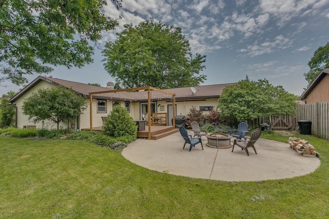 1801 N Mc Intosh Dr, Appleton, WI 54914 - back of house featuring an outdoor fire pit, a wooden deck, a patio, and a chimney