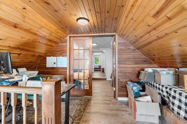 9071 Doemel Ln, Pickerel, WI 54465 - home office with wooden walls, wood-type flooring, wooden ceiling, and vaulted ceiling