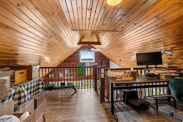 9071 Doemel Ln, Pickerel, WI 54465 - office with wooden ceiling, a ceiling fan, hardwood / wood-style floors, wood walls, and vaulted ceiling