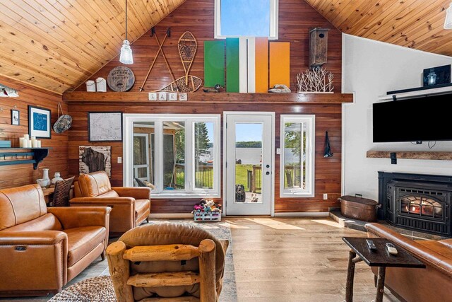 9071 Doemel Ln, Pickerel, WI 54465 - living room featuring wood walls, wood ceiling, wood-type flooring, a wood stove, and high vaulted ceiling