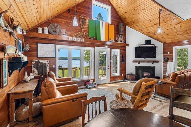 9071 Doemel Ln, Pickerel, WI 54465 - living room featuring wood walls, high vaulted ceiling, wood ceiling, wood finished floors, and a lit fireplace