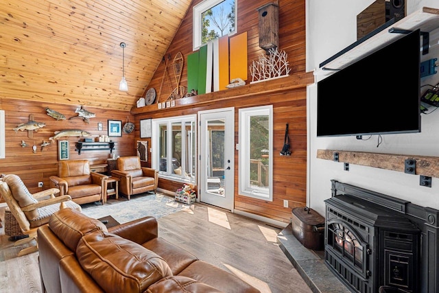 9071 Doemel Ln, Pickerel, WI 54465 - living area featuring wood walls, wood finished floors, wood ceiling, high vaulted ceiling, and a wood stove