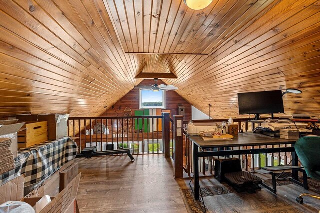 9071 Doemel Ln, Pickerel, WI 54465 - office with wooden ceiling, a ceiling fan, hardwood / wood-style floors, wood walls, and vaulted ceiling