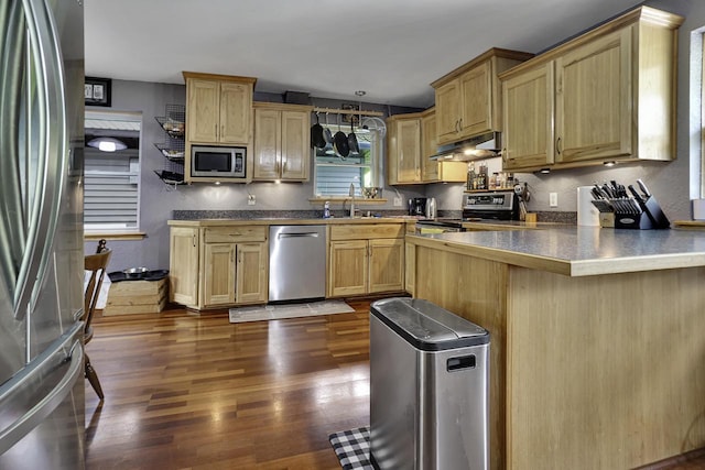 3933 Lovers Ln Unit 3935, 3937, 3939, 39, Slinger, WI 53086 - kitchen featuring stainless steel appliances, under cabinet range hood, a peninsula, dark wood-style flooring, and dark countertops