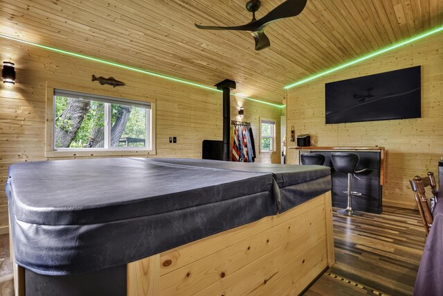 3933 Lovers Ln Unit 3935, 3937, 3939, 39, Slinger, WI 53086 - recreation room with a ceiling fan, wooden walls, plenty of natural light, wood finished floors, and wooden ceiling