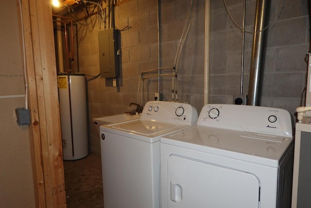 284 White Oak Ave Unit 8, Plover, WI 54467 - laundry area featuring gas water heater, washing machine and dryer, electric panel, and concrete block wall