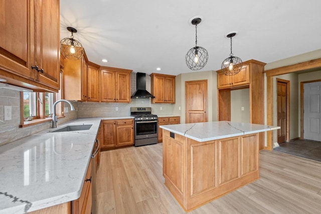 1106 Lake Largo Dr, Green Bay, WI 54311 - kitchen featuring gas stove, wall chimney exhaust hood, light wood finished floors, light stone counters, and recessed lighting