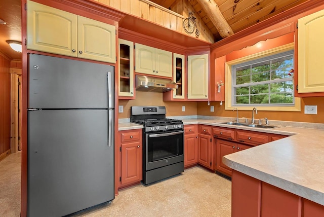 N5730 Parkway Rd, Pound, WI 54161 - kitchen with stainless steel appliances, ventilation hood, wood ceiling, light countertops, and glass insert cabinets
