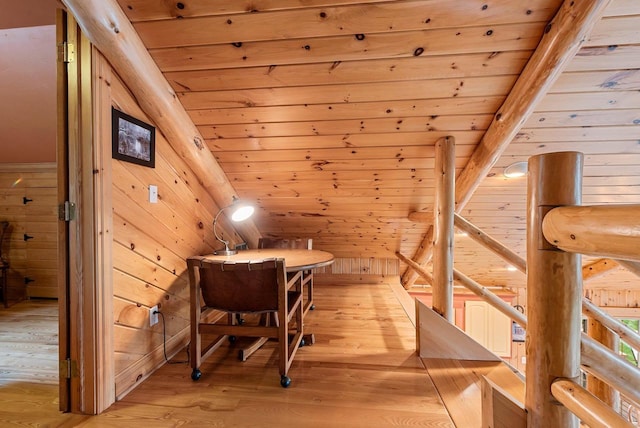 N5730 Parkway Rd, Pound, WI 54161 - office area featuring wood walls, light wood finished floors, and wood ceiling