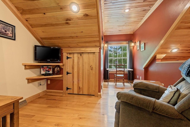 N5730 Parkway Rd, Pound, WI 54161 - living room featuring wood ceiling, light wood-style flooring, crown molding, and vaulted ceiling