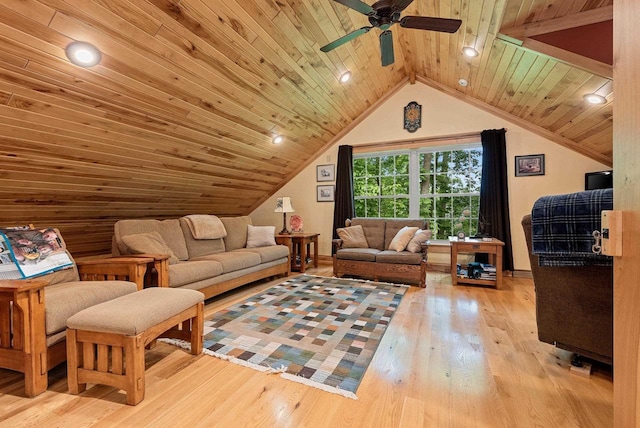 N5730 Parkway Rd, Pound, WI 54161 - living room featuring wood ceiling, hardwood / wood-style flooring, a ceiling fan, and vaulted ceiling
