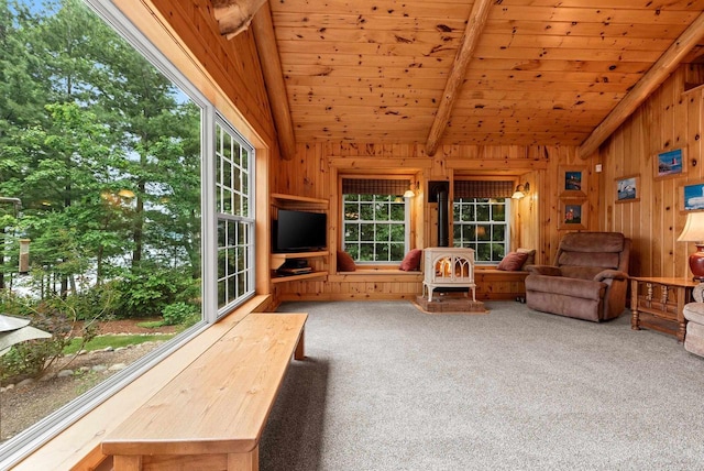 N5730 Parkway Rd, Pound, WI 54161 - carpeted living room with wooden walls and wood ceiling