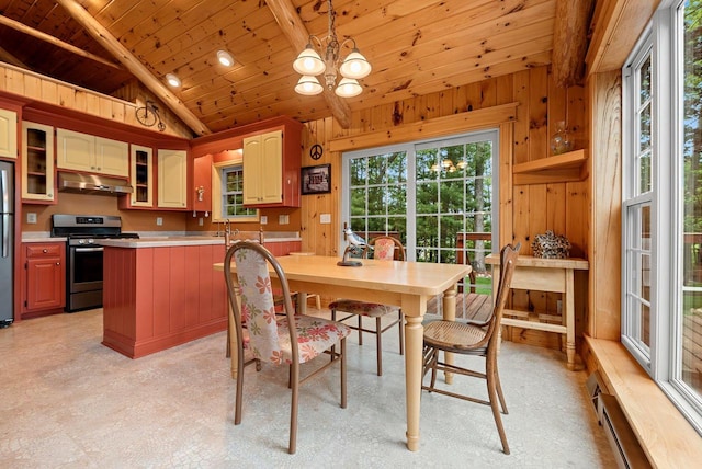 N5730 Parkway Rd, Pound, WI 54161 - dining area featuring lofted ceiling, wooden ceiling, a chandelier, wooden walls, and light floors