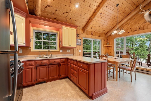 N5730 Parkway Rd, Pound, WI 54161 - kitchen featuring stainless steel range with gas cooktop, a peninsula, light countertops, wood ceiling, and decorative light fixtures