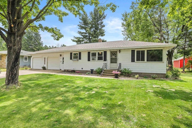 551 Market Ave, Port Edwards, WI 54469 - ranch-style home with entry steps, a garage, a front lawn, concrete driveway, and a chimney