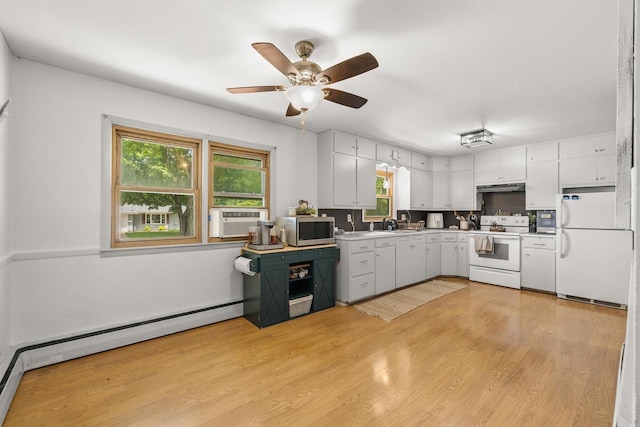 551 Market Ave, Port Edwards, WI 54469 - kitchen with white appliances, a baseboard radiator, under cabinet range hood, ceiling fan, and light countertops
