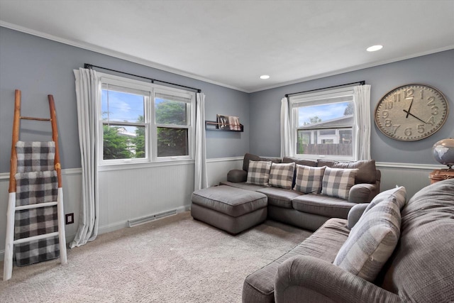 6738 W Monona Pl, West Allis, WI 53219 - living area with wainscoting, ornamental molding, carpet, and recessed lighting