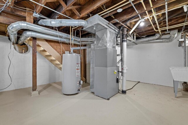 2225 Shoop St, Racine, WI 53404 - unfinished below grade area featuring water heater, heating unit, and stairs
