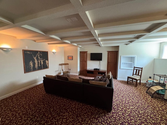 4126 Westerfield Ln, Madison, WI 53704 - home theater featuring coffered ceiling, carpet floors, and beam ceiling