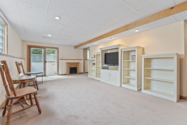 12129 221st Ave, Bristol, WI 53104 - carpeted living area with a fireplace, a drop ceiling, and recessed lighting