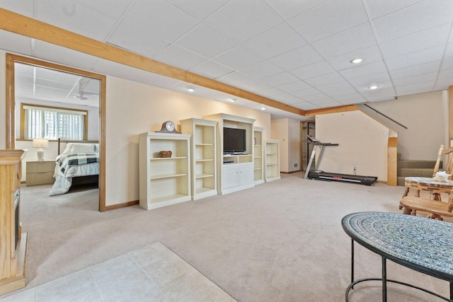 12129 221st Ave, Bristol, WI 53104 - tiled living room with carpet flooring, a drop ceiling, and recessed lighting