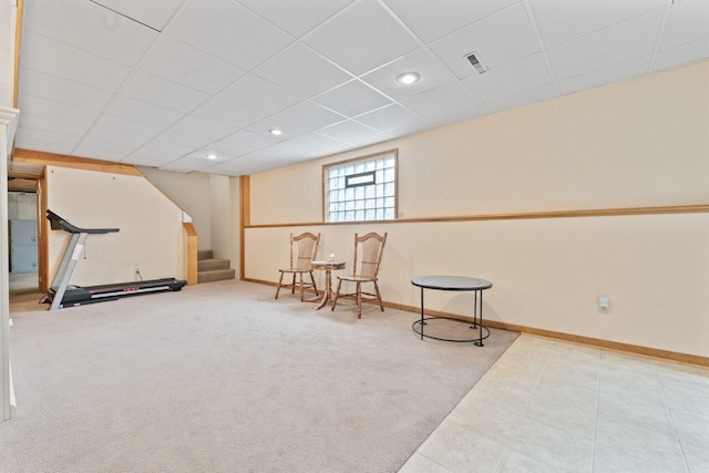 12129 221st Ave, Bristol, WI 53104 - sitting room with stairs, a paneled ceiling, recessed lighting, tile patterned flooring, and carpet
